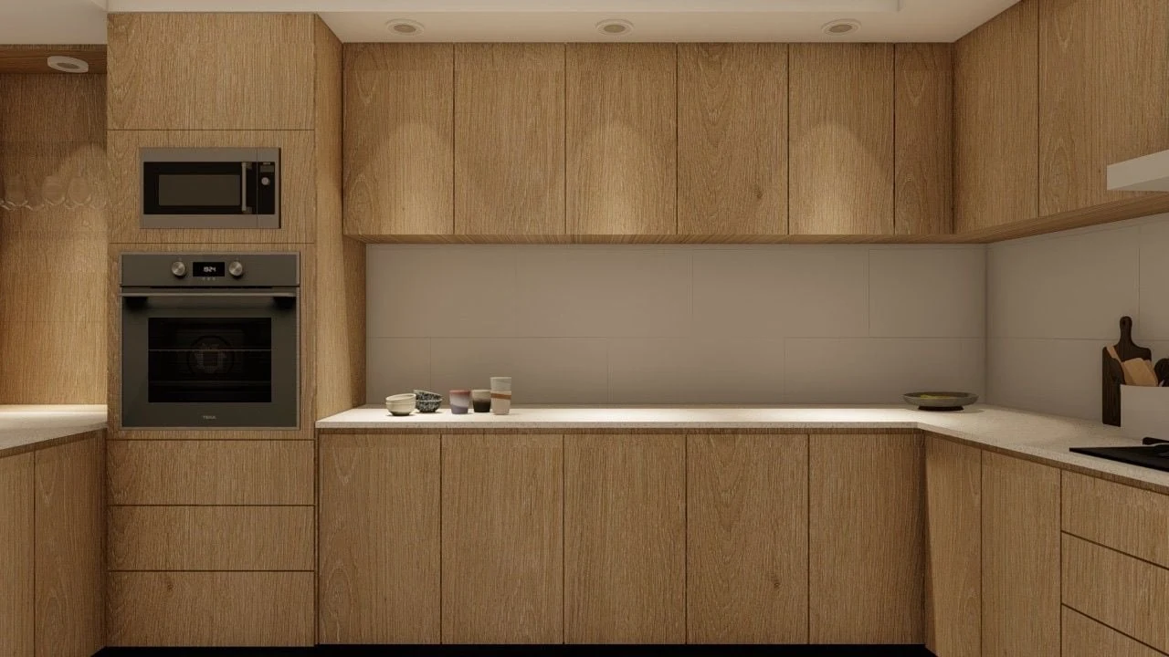 Detalle del mobiliario y los hornos integrados de la Cocina H1