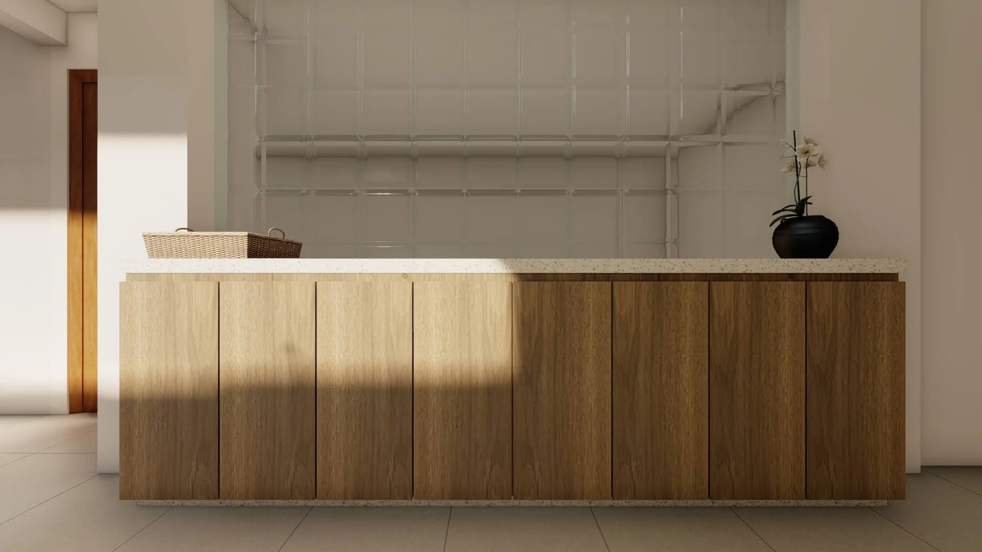 Interior del portafolio GAPS con mobiliario de madera, superficie de piedra y luz natural